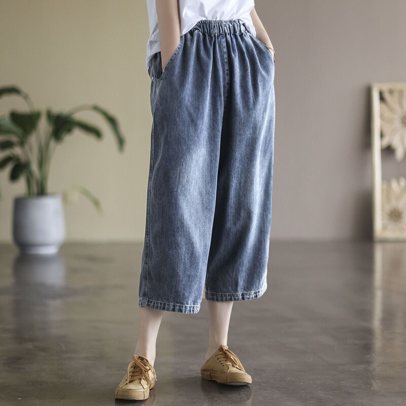 Thin Denim Retro Cropped Pants for Women 2026 Summer New Style Loose Plus Size Slimming Elastic Jeans Wide-Leg Pants