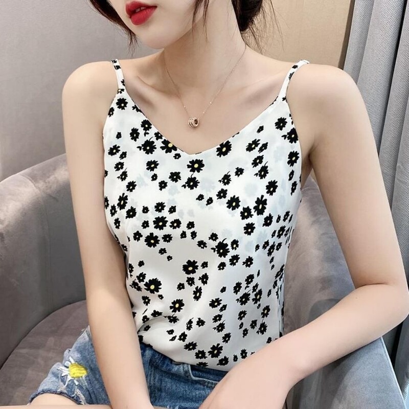 Korean Style Sleeveless Camisole for Women, Loose Fit, Plus Size, Slimming, Sexy V-Neck, with Small Daisy Chiffon Top Inside