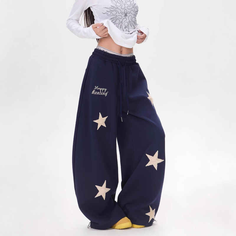 American Retro Star Embroidery Casual Sweatpants Unisex Straight Street Wide-Leg Floor-Length Jazz Dance Sports Trousers Trendy