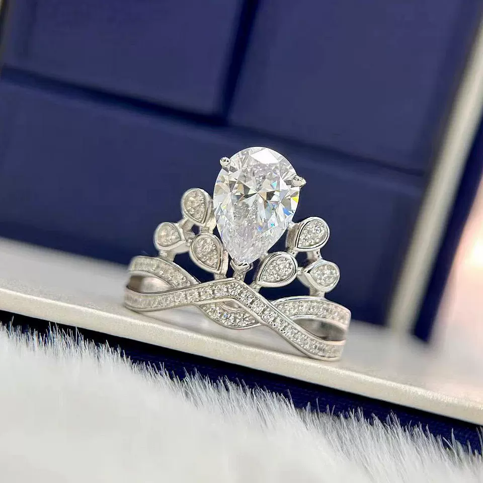 外贸跨境s925纯银戒指女士莫桑石2克拉水滴型皇冠鹭羽欧美奢华