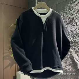 2024秋季新款假两件男百搭时尚空气层套头卫衣韩版潮流宽松打底衫