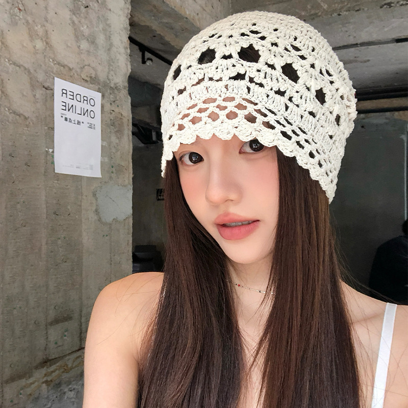 春夏薄款手工编针织帽女镂空钩花毛线帽甜美文艺显脸小包头堆堆帽|undefined