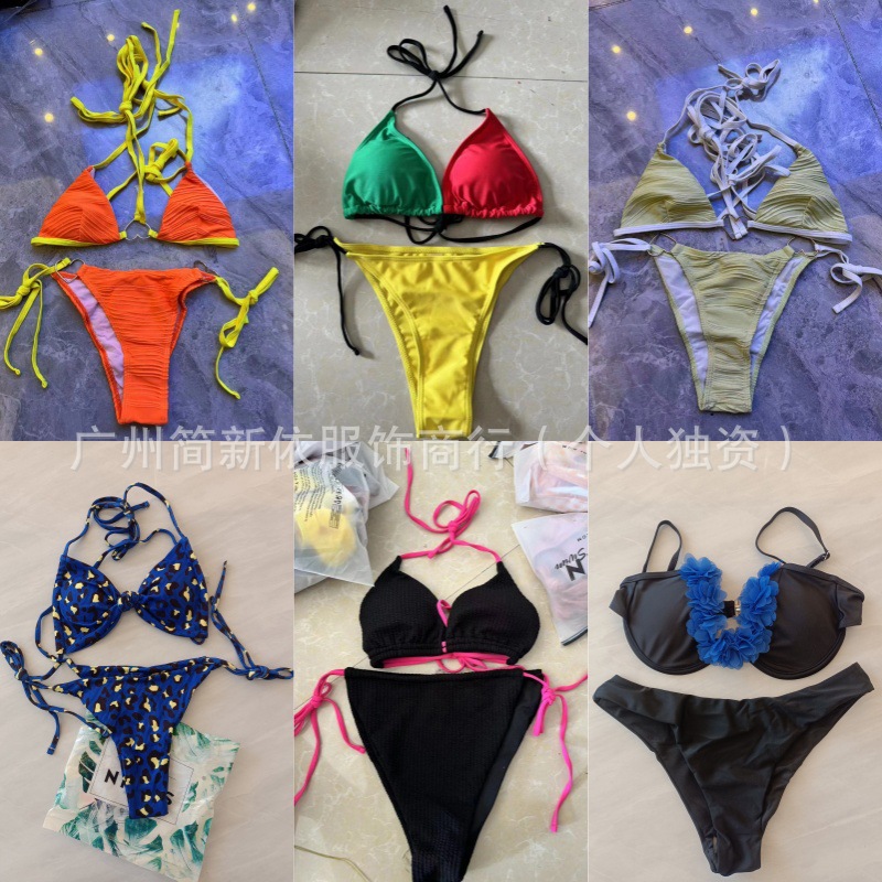 2025 nuevo color sólido transfronterizo europeo y americano sexy sheini triángulo dividido bikini trajes de baño de cola de mujer productos al por mayor