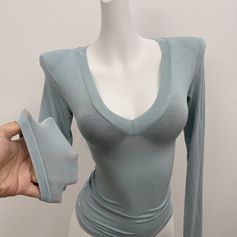 Love This Feel! Korean Ins Early Spring Thin, Sexy, Slightly See-Through, Figure-Flattering Long-Sleeve Top with a Base Layer Underneath Love This Feel! Korean Ins Early Spring Thin, Sexy, Slightly See-Through, Figure-Flattering Long-Sleeve Top with a Base Layer Underneath