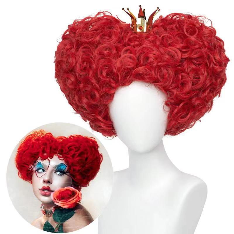 Queen of Hearts Wig Alice in Wonderland Cos Anime Full Headgear Halloween Cosplay Hair Accessories