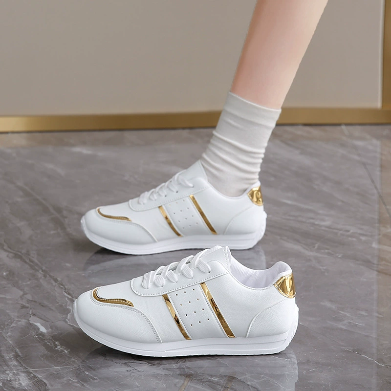 Золотые повседневные аргандские туфли 2024 осенние и зимние новые кожаные студенческие плоские туфли для бега высокого уровня спортивные одиночные туфли