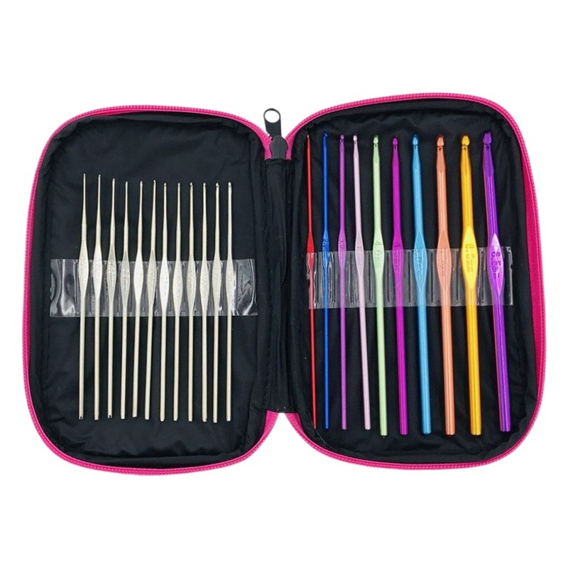 Rojo bordado tejer herramientas traje color metal hierro aluminio ganchillo 22 Acero inoxidable aleación de aluminio ganchillo bolsa traje