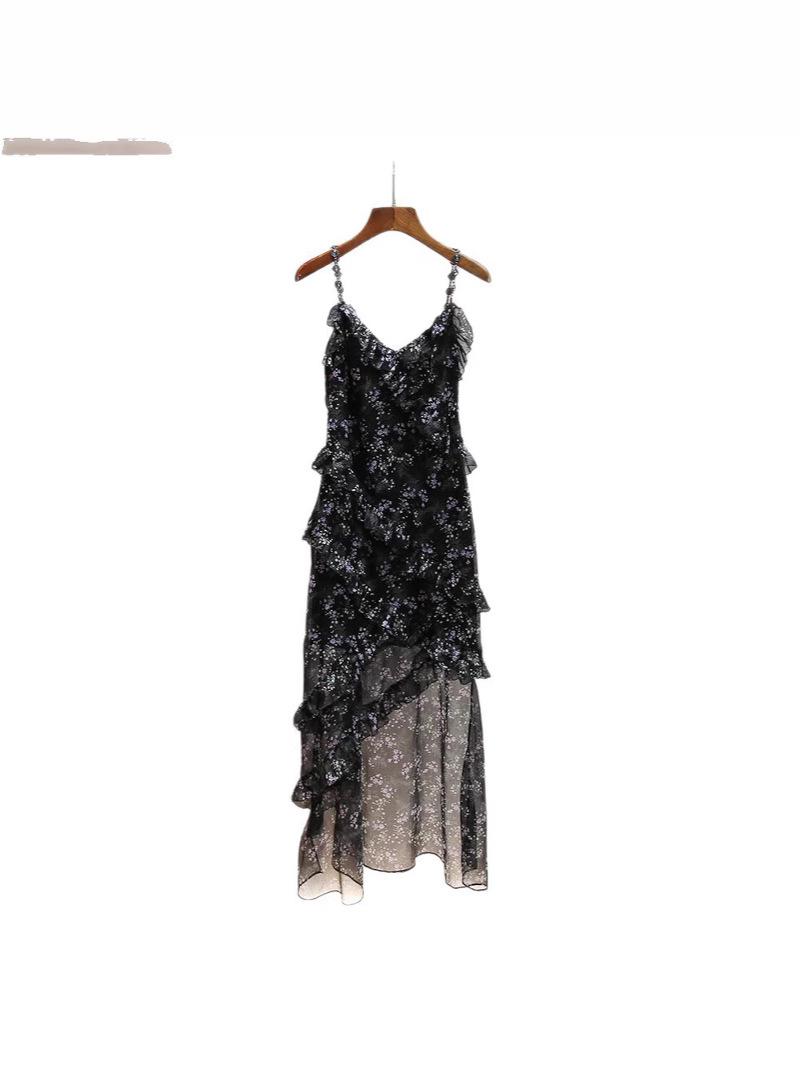 Shenzhen Nanyou Classy Women's Summer New Long Asymmetrical Ruffled Floral Mesh Suspender Dress for Women