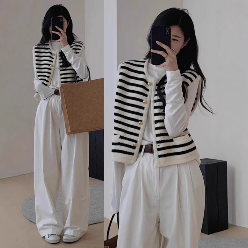 Chanel Style Black and White Striped Sleeveless Knitted Vest Coat Women's Spring and Autumn Cardigan Outer Wear Sweater Vest