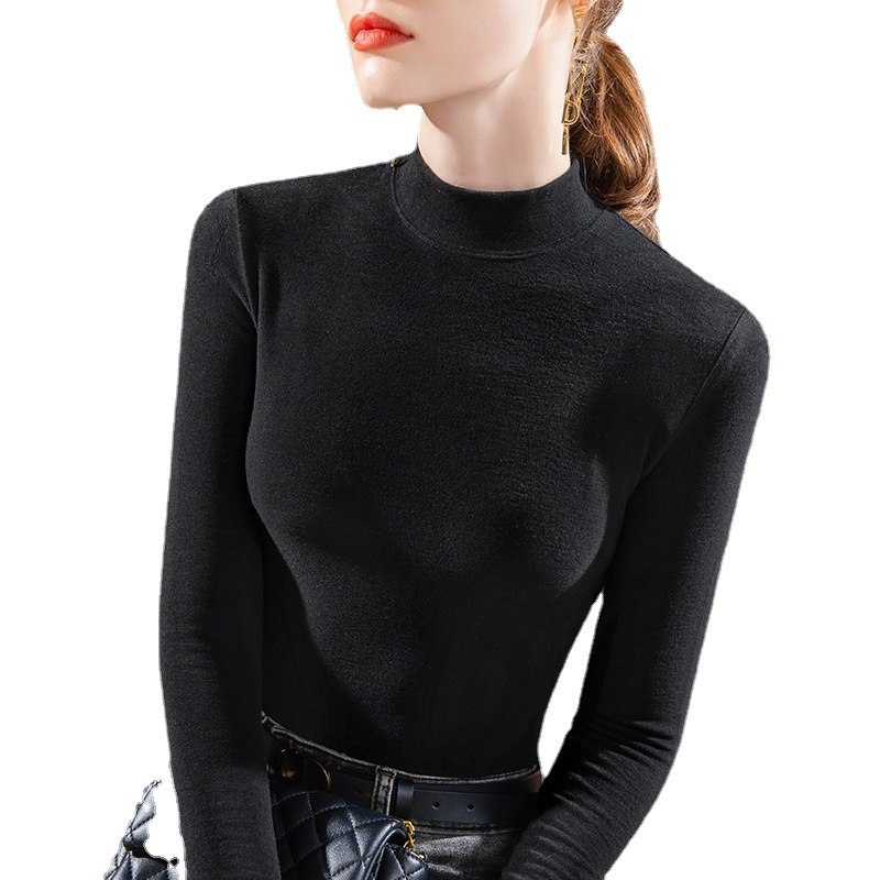 Camisa de fondo de terciopelo de seda de cuello medio alto para mujer 2024 otoño e invierno nuevo estilo de manga larga caliente y camisa ajustada