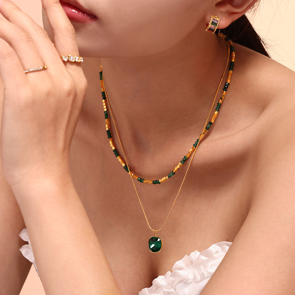 Natural Stone Bead Crystal Pendant Necklace, Stainless Steel Versatile, Double-layer Layered Collarbone Chain Necklace, Necklace Accessory_voghion.com