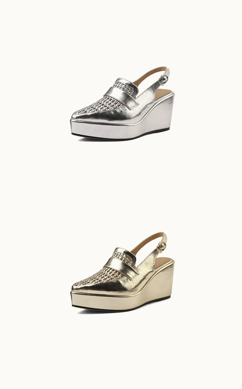 Sandal cao gót nữ quai ngang mũi nhọn đế xuồng 9cm dệt lỗ thoáng khí — vàng, bạc chi tiết 10