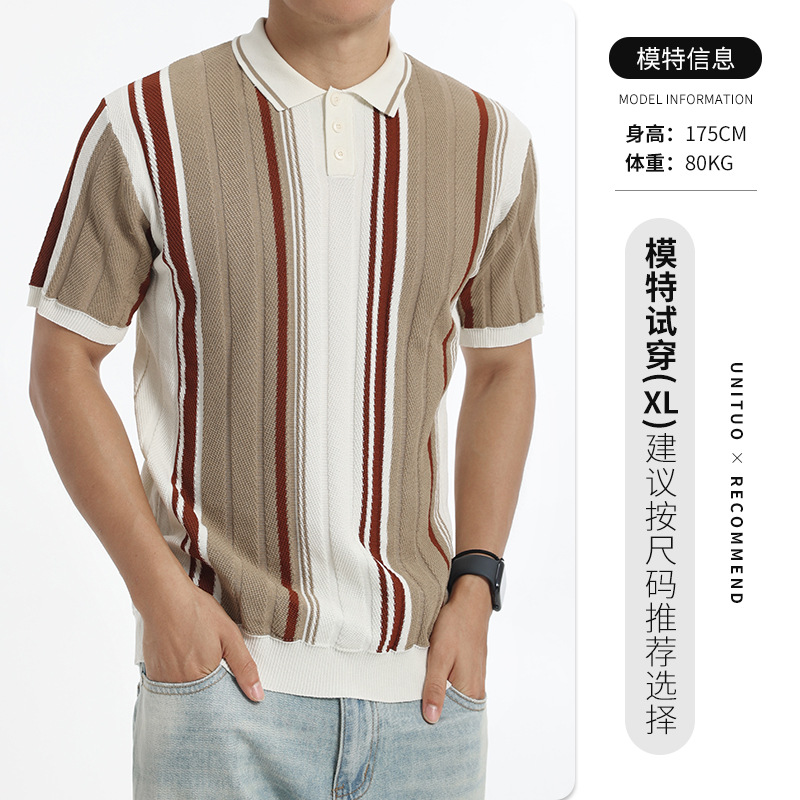 Hombres color contrastante rayas hielo jersey polo semia cremallera solapa manga corta negocios casual alta sensación chaqueta hombre