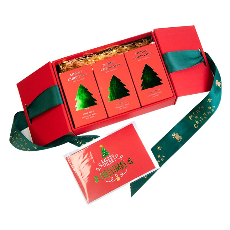 Vela de Navidad vela de aromaterapia hecha a mano rojo verde blanco manzana árbol de Navidad columna de lana de tres piezas caja de regalo traje de cera mixta