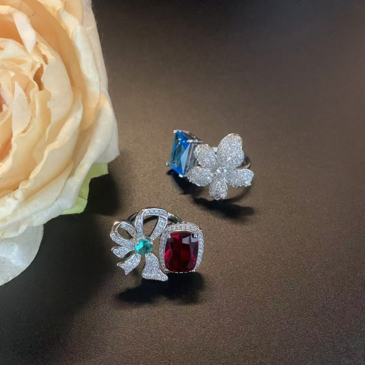 Colorful Gemstone Bowknot Ruby Open Ring For Women Minimalist_voghion.com