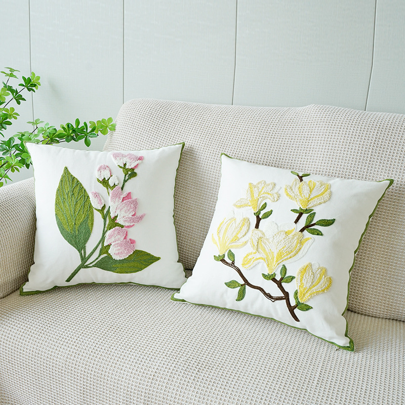 Funda de almohada de flor de magnolia fresca verde bordado de hoja verde sofá almohada de cama cojín de oficina almohada de cintura