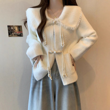 小香风外套女中式娃娃领针织上衣春秋款宽松显瘦软糯毛衣洋气开衫