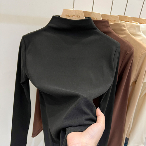 Autumn and Winter Double-Sided Fleece Thermal Solid-Color Base Shirt with Fleece Lining, Thickened, Half-Turtleneck, Slim-Fit, All-Match Long-Sleeved T-Shirt for Women