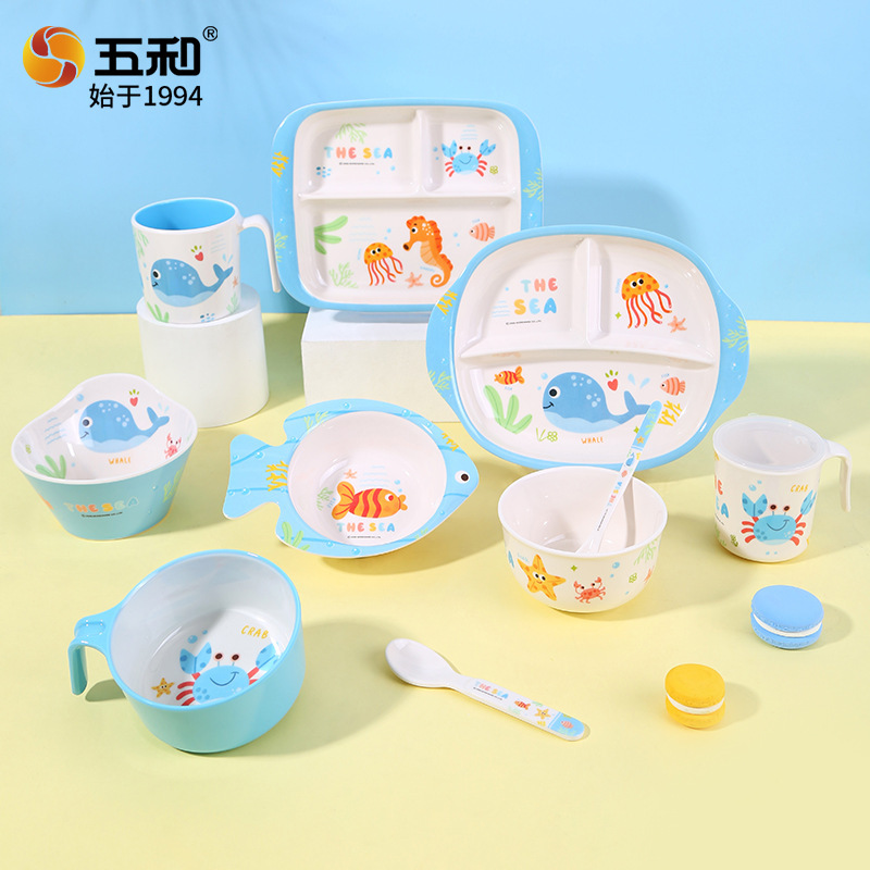 Wuhe Sea World Dinner Plate Children's Tableware Water Cup Food Bowl Fall-Resistant Food Grade Melamine Tableware Bowl and Spoon Wholesale