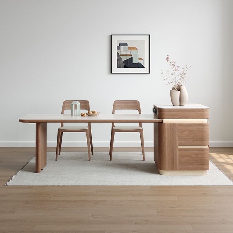 Mesa de mesa de mesa de mesa de la isla, una placa de roca de travertino, grano de madera de nogal negro, sensación de alta calidad, lujo ligero, armario de almacenamiento retráctil para el hogar contra la pared