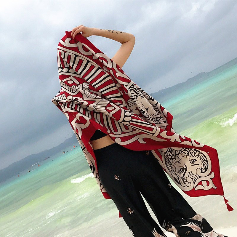 Ethnic Style Travel Scarf Women's Summer Seaside Photo Sunscreen Beach Towel Spring and Autumn Cotton and Linen Silk Scarf Desert Shawl