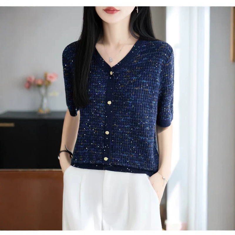 Lyocell Tencel Sequin Short-Sleeve Knit T-Shirt for Women, Spring Camouflage Loose Fit, Age-Reducing, Versatile, Breathable, Thin Top Lyocell Tencel Sequin Short-Sleeve Knit T-Shirt for Women, Spring Camouflage Loose Fit, Age-Reducing, Versatile, Breathable, Thin Top
