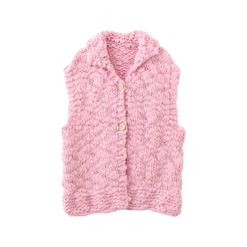 Thick Knit Handmade Cardigan with Cherry Pink Turn-down Collar, Sleeveless Top, Thickened, Loose, Casual Style 2026 Thick Knit Handmade Cardigan with Cherry Pink Turn-down Collar, Sleeveless Top, Thickened, Loose, Casual Style 2026