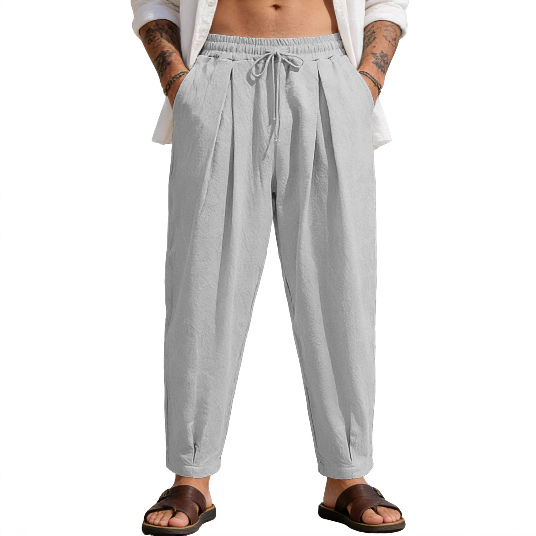 Pantalones de algodón de lino de verano de hombre transfronterizo, pantalones de playa de color sólido, cómodos y transpirables, vacaciones diarias, pantalones casuales de comercio exterior