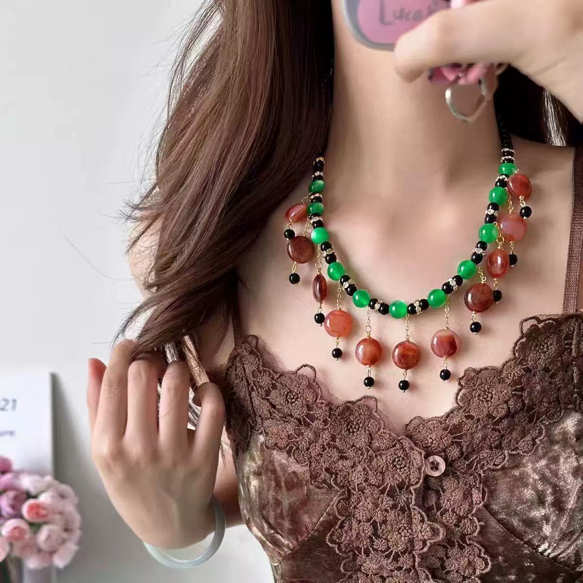 新款复古vintage波西米亚民族风红玛瑙圆饼绿猫眼石项链项饰