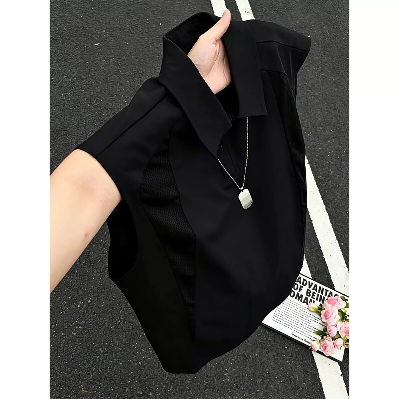 Black Deconstructed Mesh Polo Collar Vest for Men, Summer Thin Breathable American-Style Sleeveless T-Shirt, Ice Silk Quick-Dry Tank Top