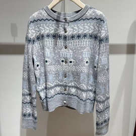 2025冬季新款女装费尔岛风提花针织开衫女圆领纽扣毛衣3GB233151