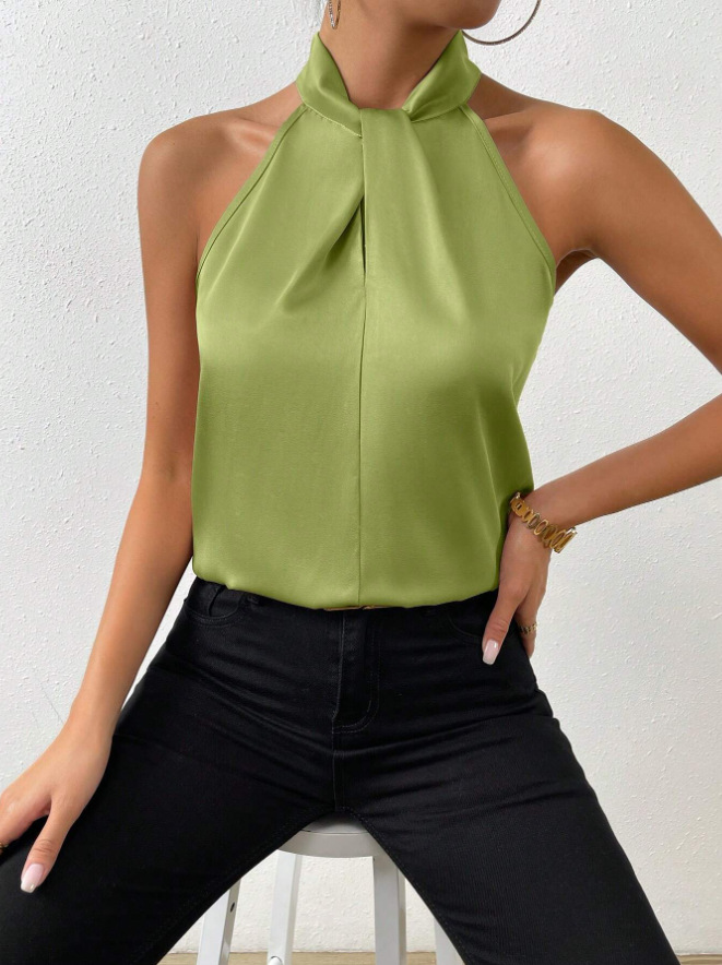 2025 verano nuevo estilo de las mujeres europeas y americanas satén cuello halter sin mangas chaleco de seda de imitación satinado top spot al por mayor