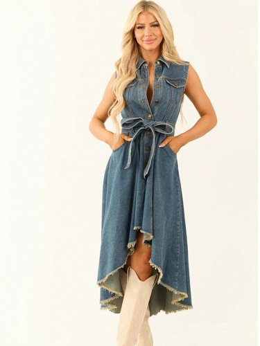 Cross-border European and American denim dress—fashionable, sleeveless, unique, with irregular raw-edge design—on TEMU, Amazon, OZON, and independent websites.