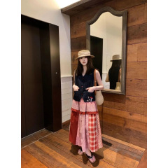 时尚套装女夏季法式复古v领绣花牛仔无袖背心格子拼接半身裙子潮