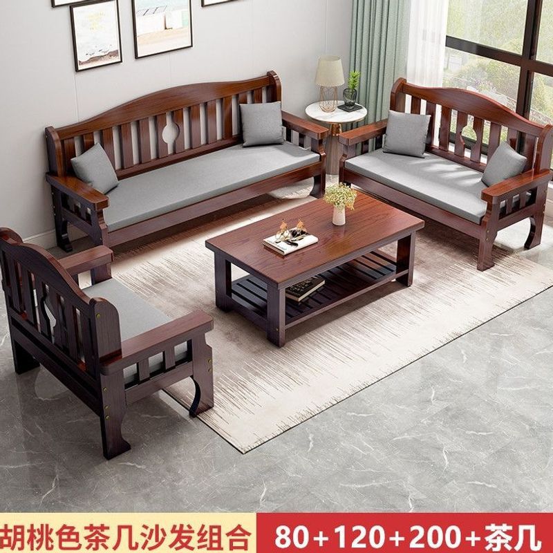 Solid wood three-seater sofa for small living rooms, simple new Chinese-style wooden sofa set with backrest and long bench, suitable for rental apartments