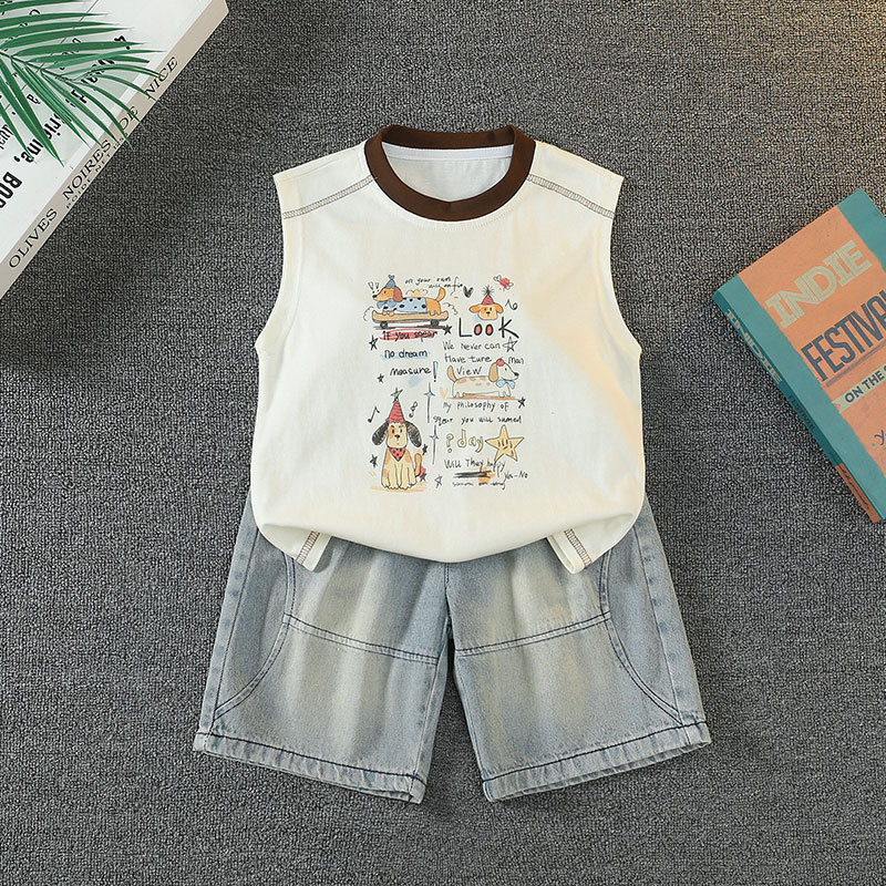 7396 traje de chaleco para niños verano 2025 nuevo vestido de verano sin mangas para niños fresco y guapo bebé delgado de dos piezas de verano