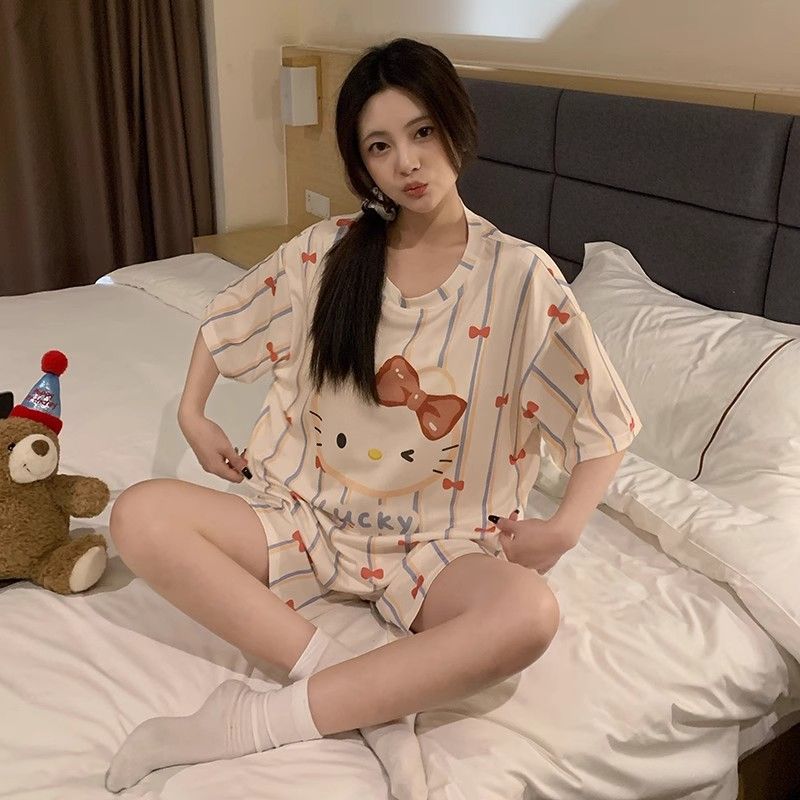 Venta al por mayor transfronteriza con almohadilla para el pecho pijamas de gato KT pantalones cortos de manga corta de verano para mujer, lindo traje de servicio a domicilio coreano, algodón de imitación