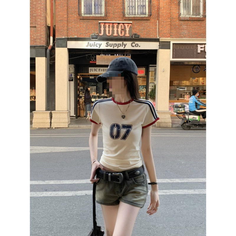 YS8 реальная цена весна и лето Корейский стиль облегающий крой с контрастными полосками Американская цифровая печать универсальная футболка из чистого хлопка с короткими рукавами