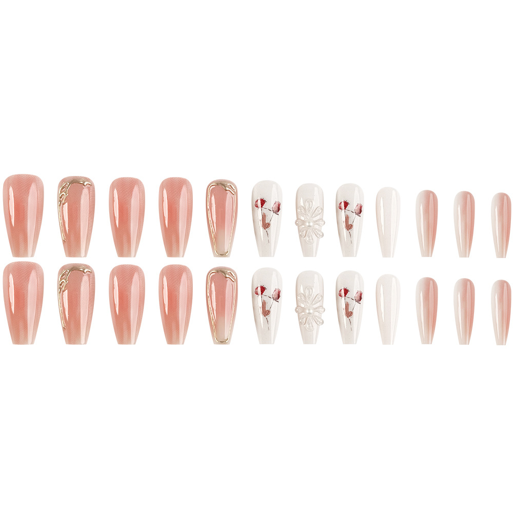 3D polvo estereoscópico rosa blanca manicure ballet manicure elegante suave perforación de uñas 24 piezas parches de uñas de oro de licor