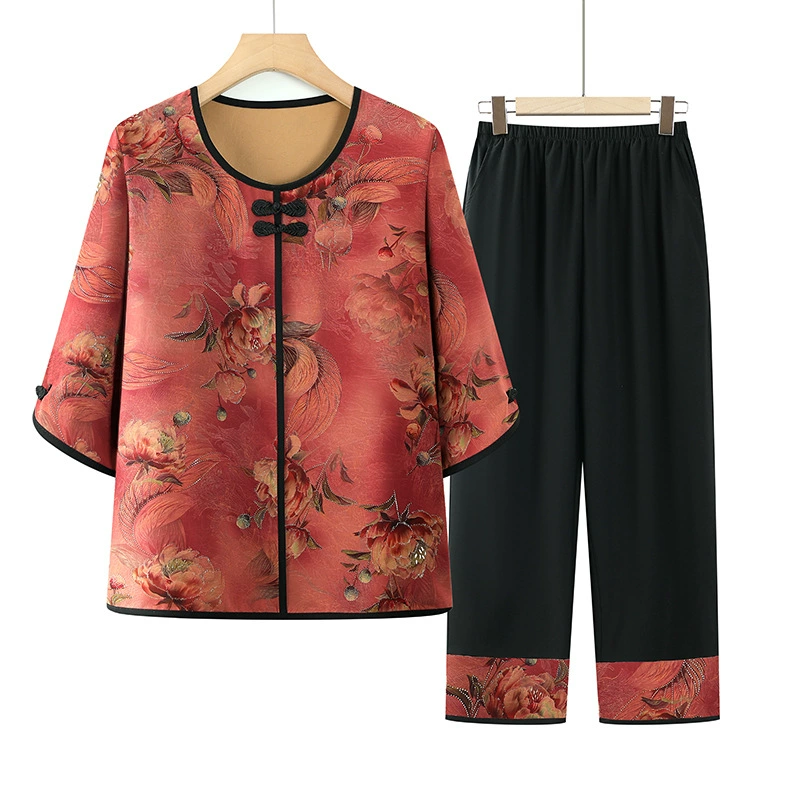 Весенний комплект из двух предметов «Бабушка» со средним рукавом, одежда для мамы, летняя одежда для среднего и пожилого возраста, тонкий костюм с круглым вырезом, одежда для 70 лет.