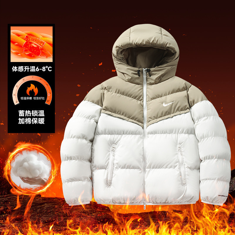 Cross-Border 2025 Winter Flat Nylon Cotton Coat with Embroidery, Thickened Puffer Jacket, Stand Collar Cotton Coat, Men's Loose Cotton Coat