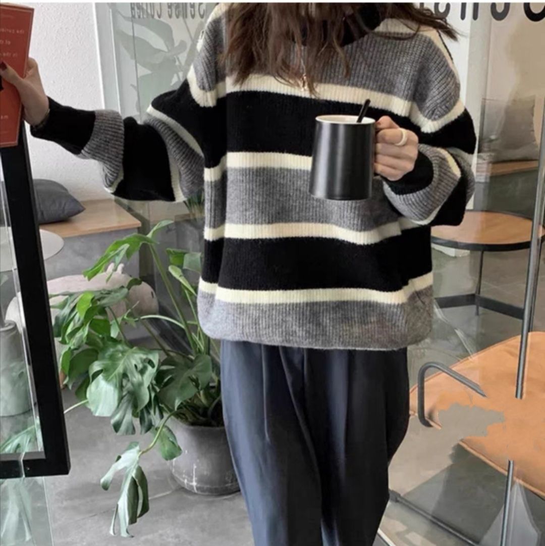 Korean loose contrasting striped pullover for women, 2023 autumn and winter new collection, lazy style, worn outside,_voghion.com