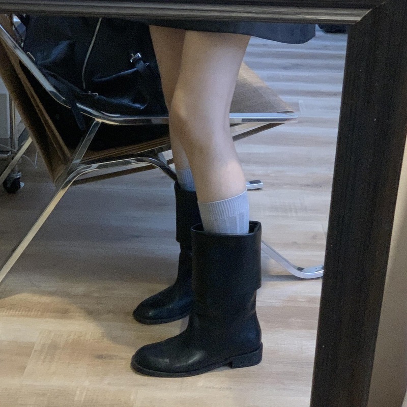 牛皮版~翻折真皮厚底骑士中筒靴女冬宽筒西部短靴粗跟马丁靴踝靴|undefined
