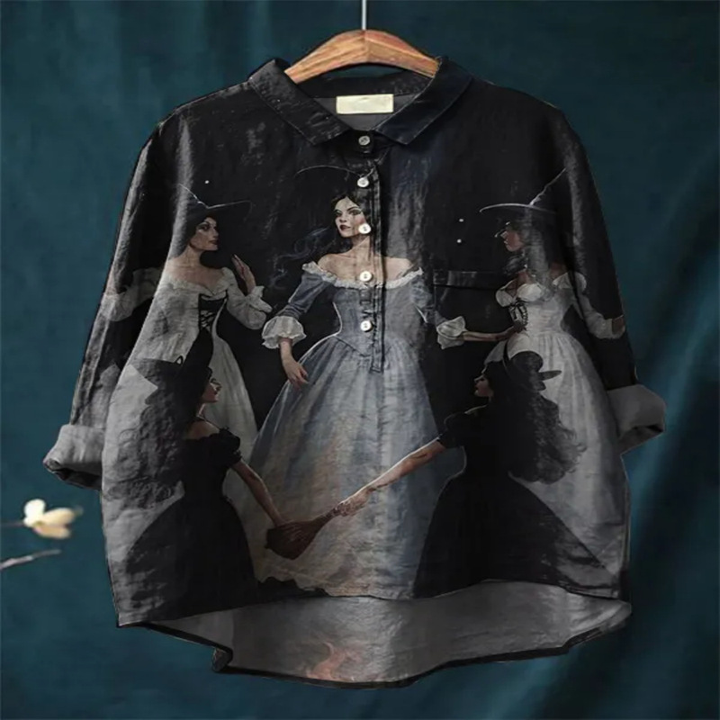 Halloween Cute Witch Digital Print Women's Casual Cotton and Linen Long Sleeve Casual Loose Shirt Halloween Cute Witch Digital Print Women's Casual Cotton and Linen Long Sleeve Casual Loose Shirt