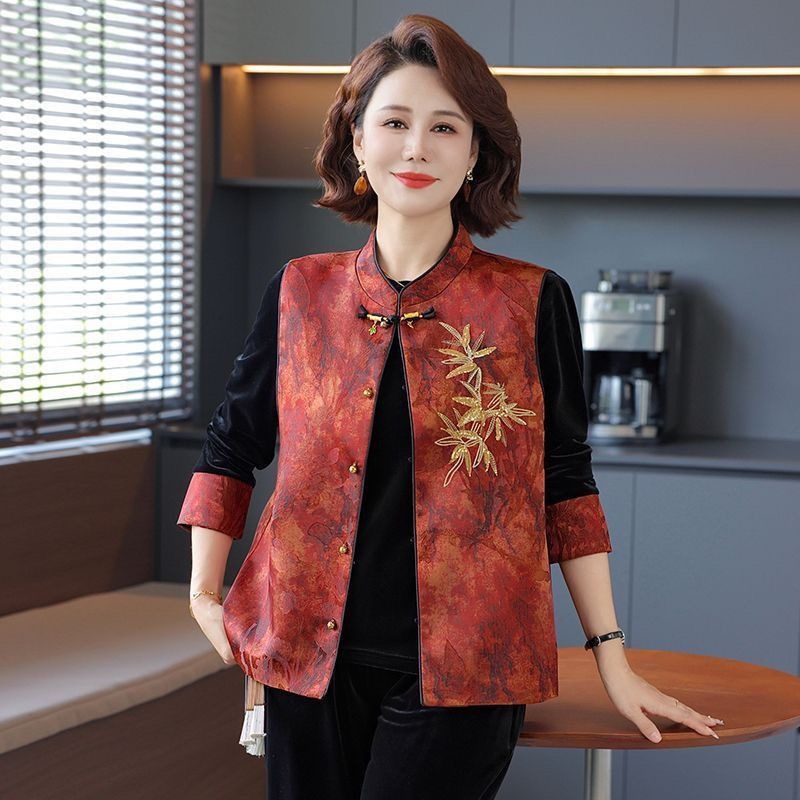 新款春秋装妈妈国风中式金丝绒马甲洋气三件套中老年女装时尚套装|undefined