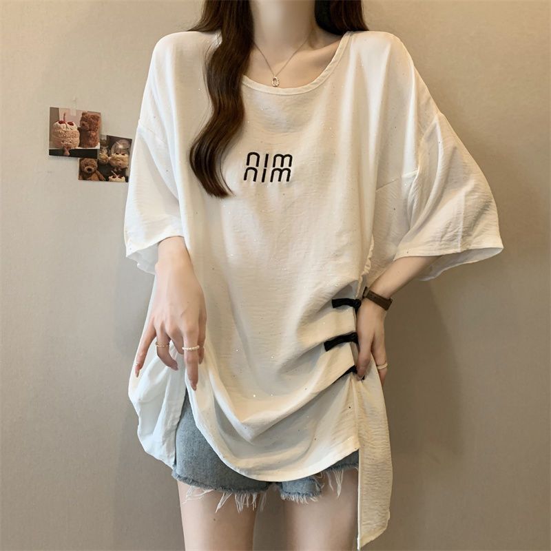 Nueva camiseta de manga corta con hebilla de disco de estilo nacional chino para mujer verano nuevo estilo suelto y delgado top de lentejuelas con pliegues irregulares para mujer ins
