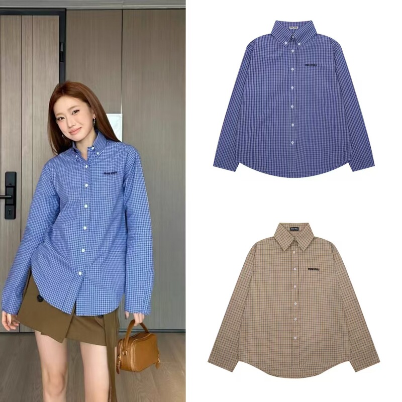 25 Nanyou High Version Miu Blue Plaid Long-Sleeved Shirt Women's French High-End Layered Loose Top