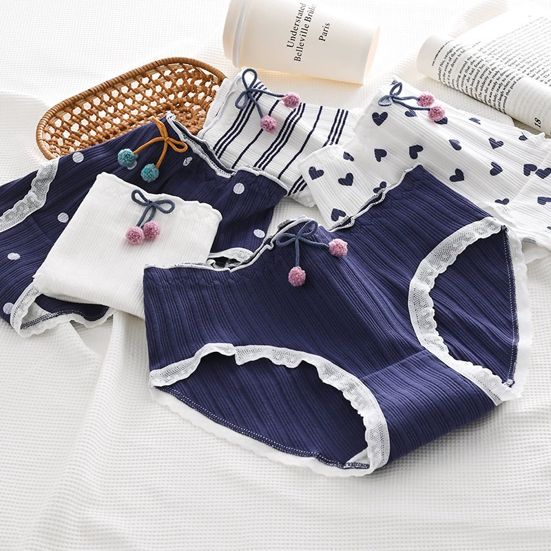 Женские удобные темно-синие шорты в японском стиле с милым принтом и бантом, студенческие трусы со средней талией, дышащие трусики