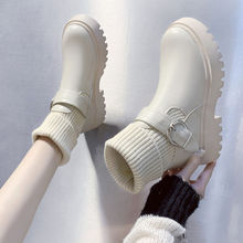女冬季靴2022秋冬毛線口短靴韓版粗跟短筒馬丁靴保暖加絨棉皮靴