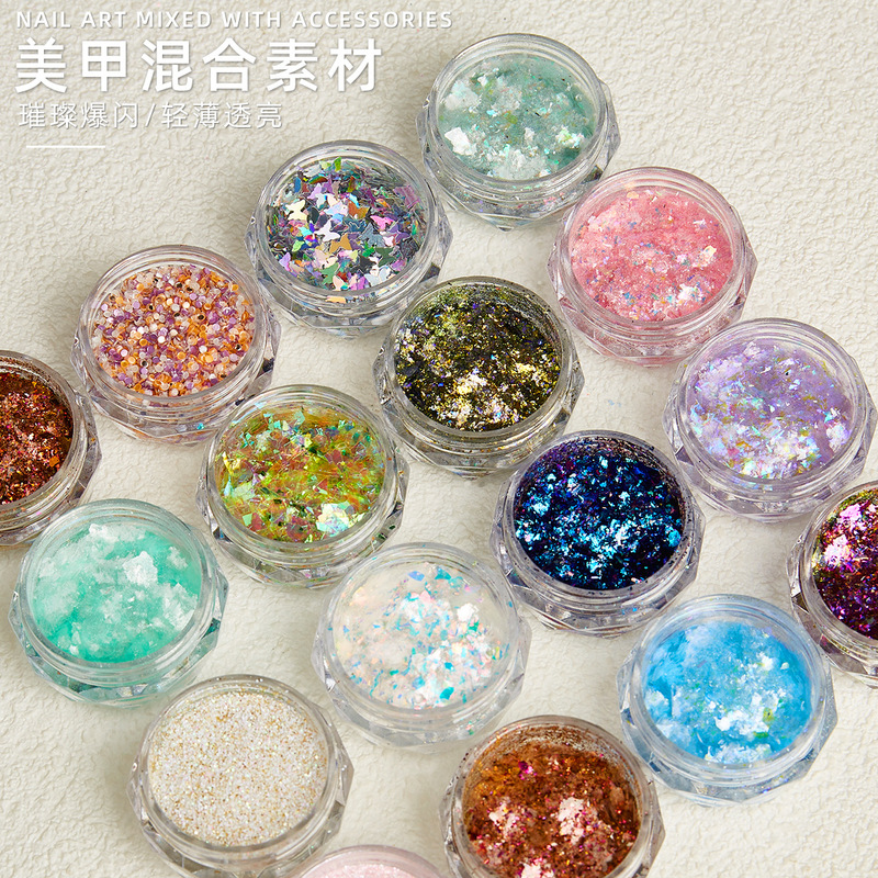 Cross-border nail art jewelry glitter sequins bright flash light transparent aurora DIY drop glue flow hemp slime batch
